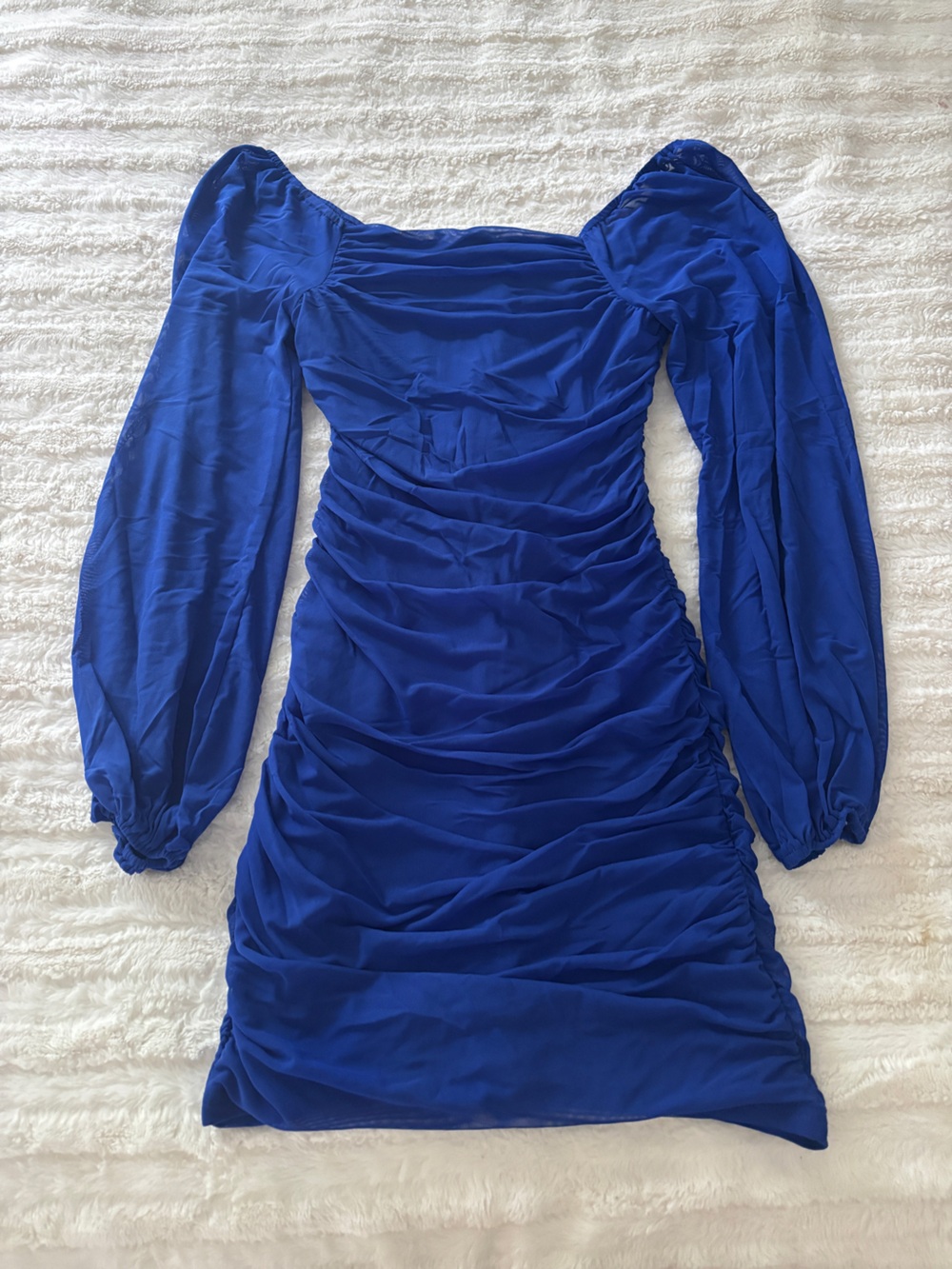 Amazon Royal Blue Long Sleeve Ruched Dress Mesh Sleeves